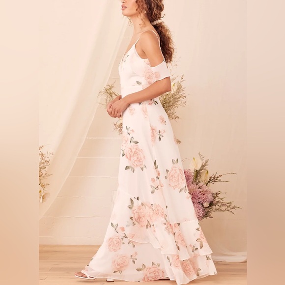 Lulu’s Take You There Ivory Peach Roses Chiffon Ruffle Cold Shoulder Floral Maxi - Picture 11 of 12